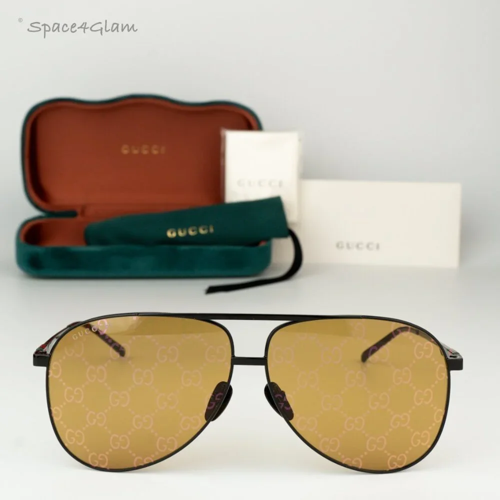 BRAND NEW Gucci GG1677S 005 Black Yellow Mirror Logo Pilot Unisex Sunglasses